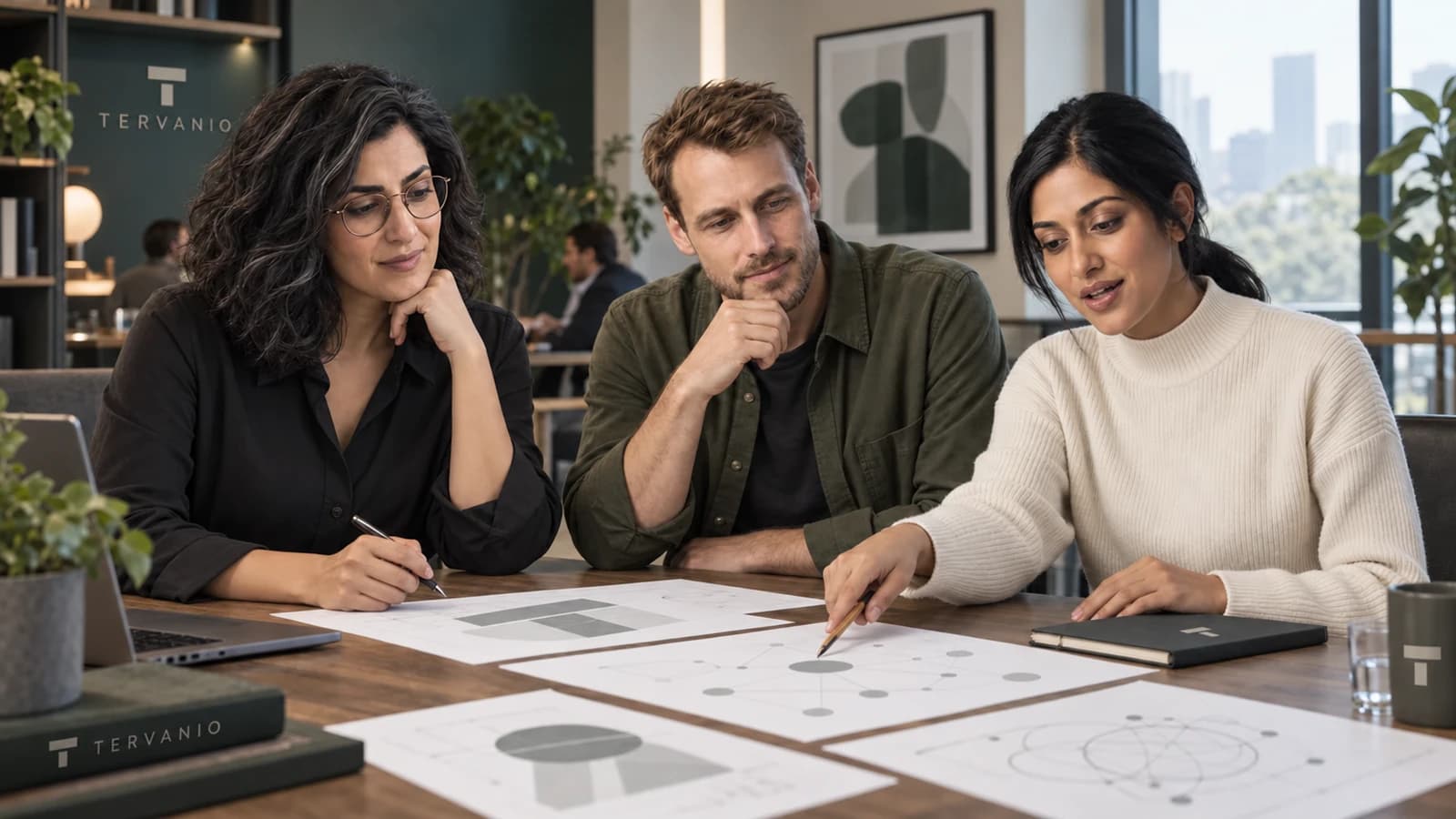 Mira Solven, Jonas Merrow, and Anika Bellan discussing research materials around a meeting room table.