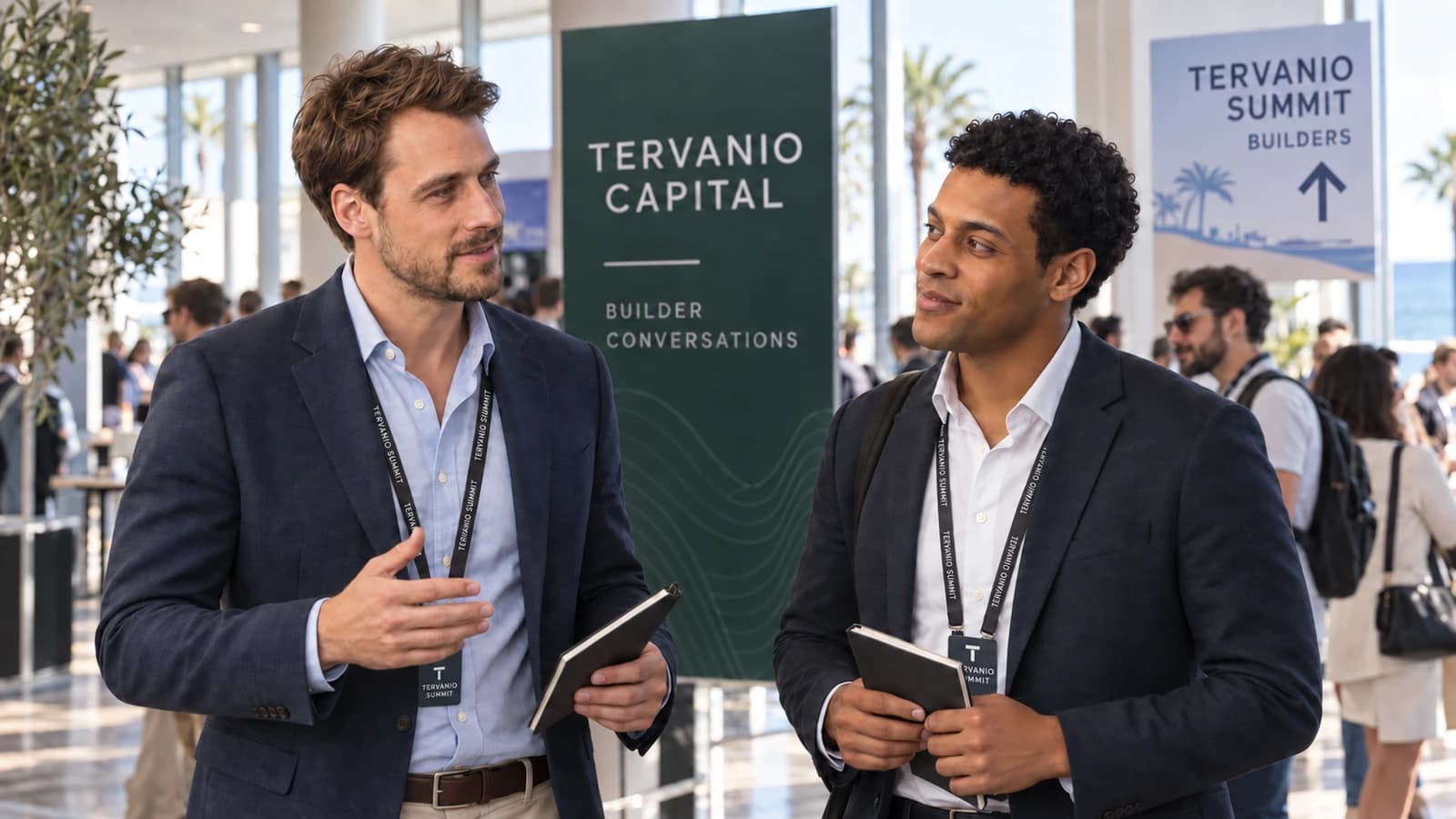 Jonas Merrow and Felix Ardenne in a daylight-filled conference corridor.
