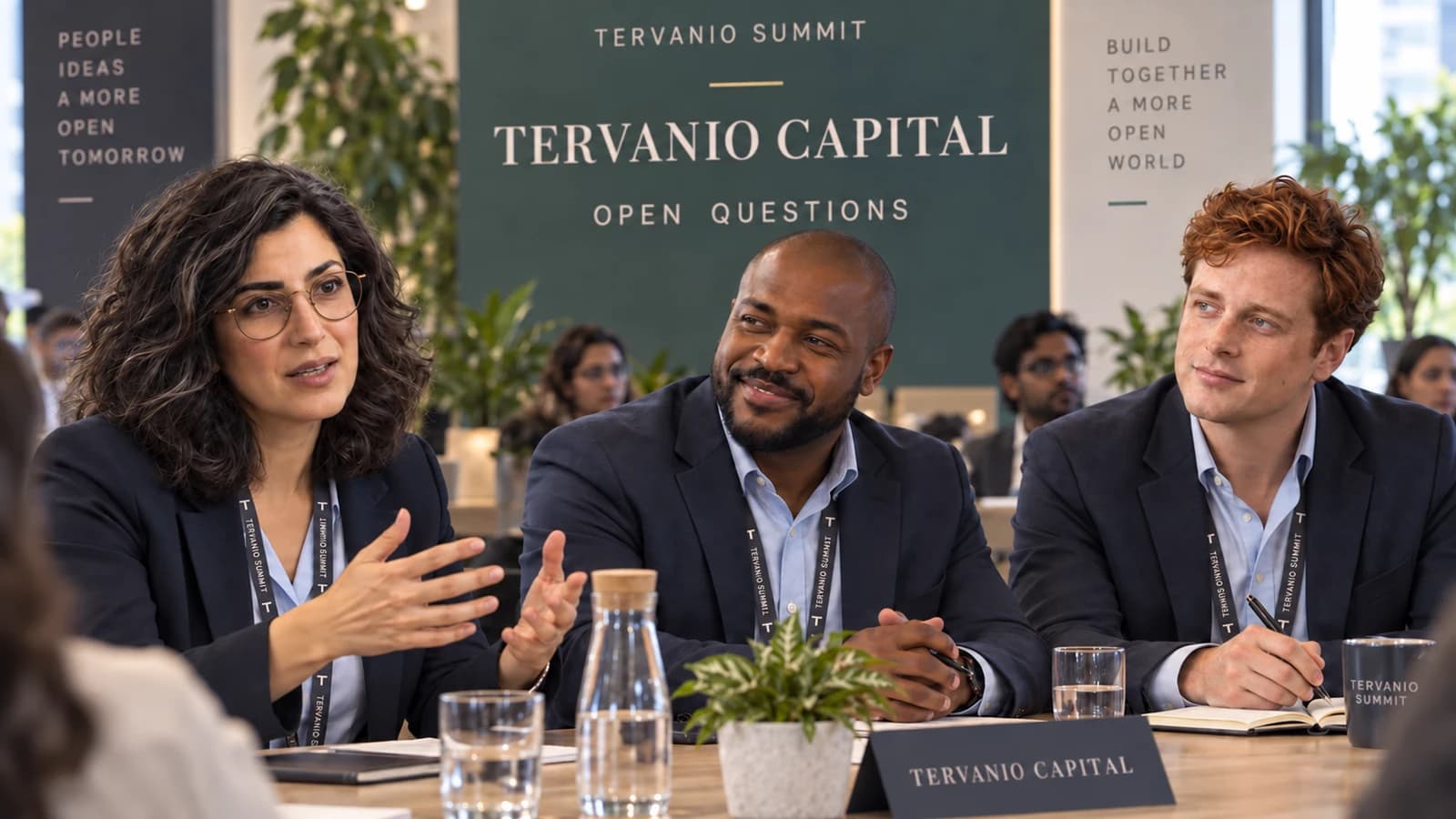 Mira Solven, Nolan Tervik and Theo Marwick around a discussion table.
