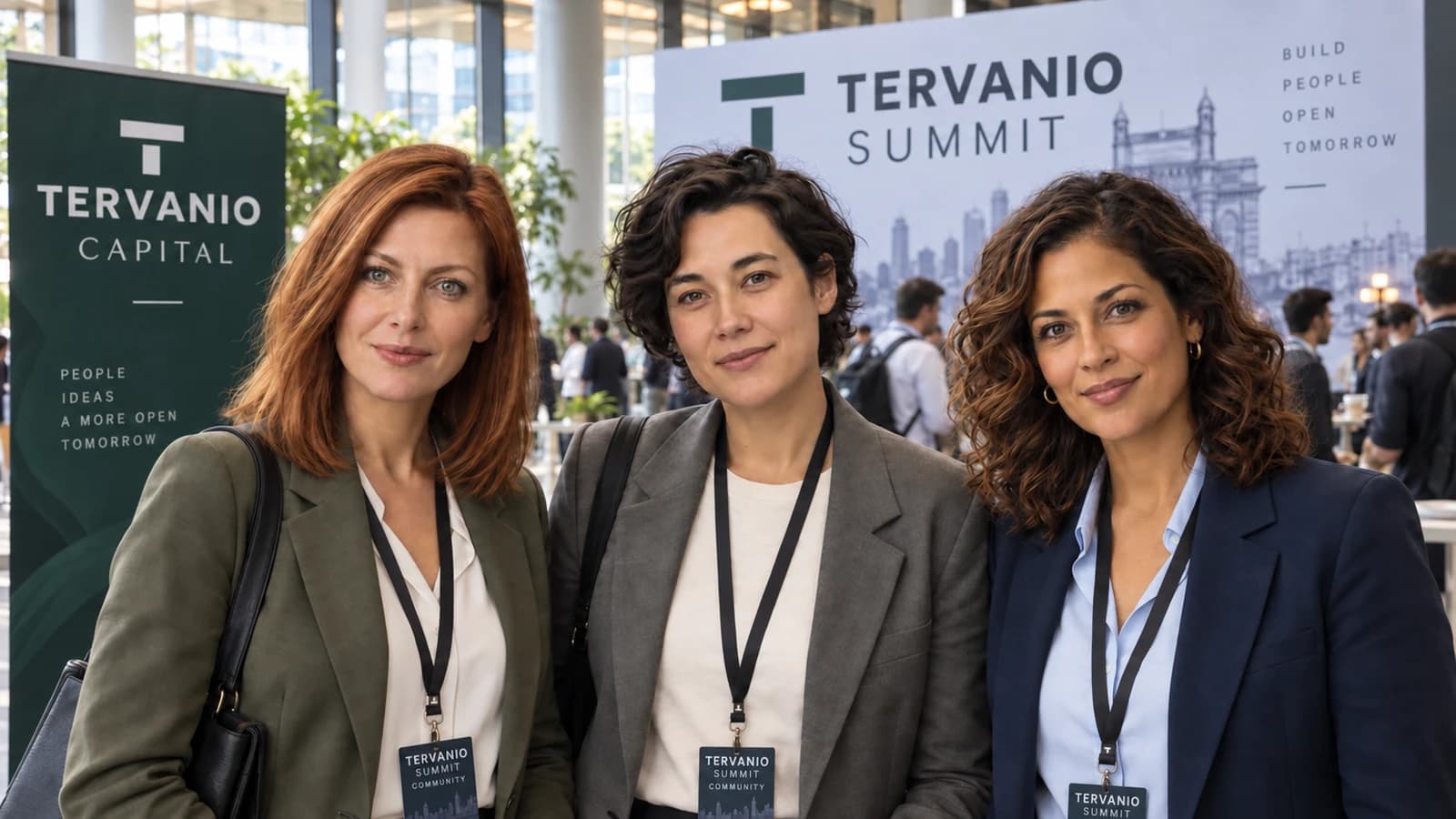 Elena Westrin, Rowan Kestrel and Sienna Rovell in a convention foyer.